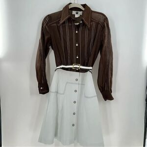 Kenny Classics 60s Sheer Brown Blouse w/Solid White Skirt Accent Stitching-Sz 8